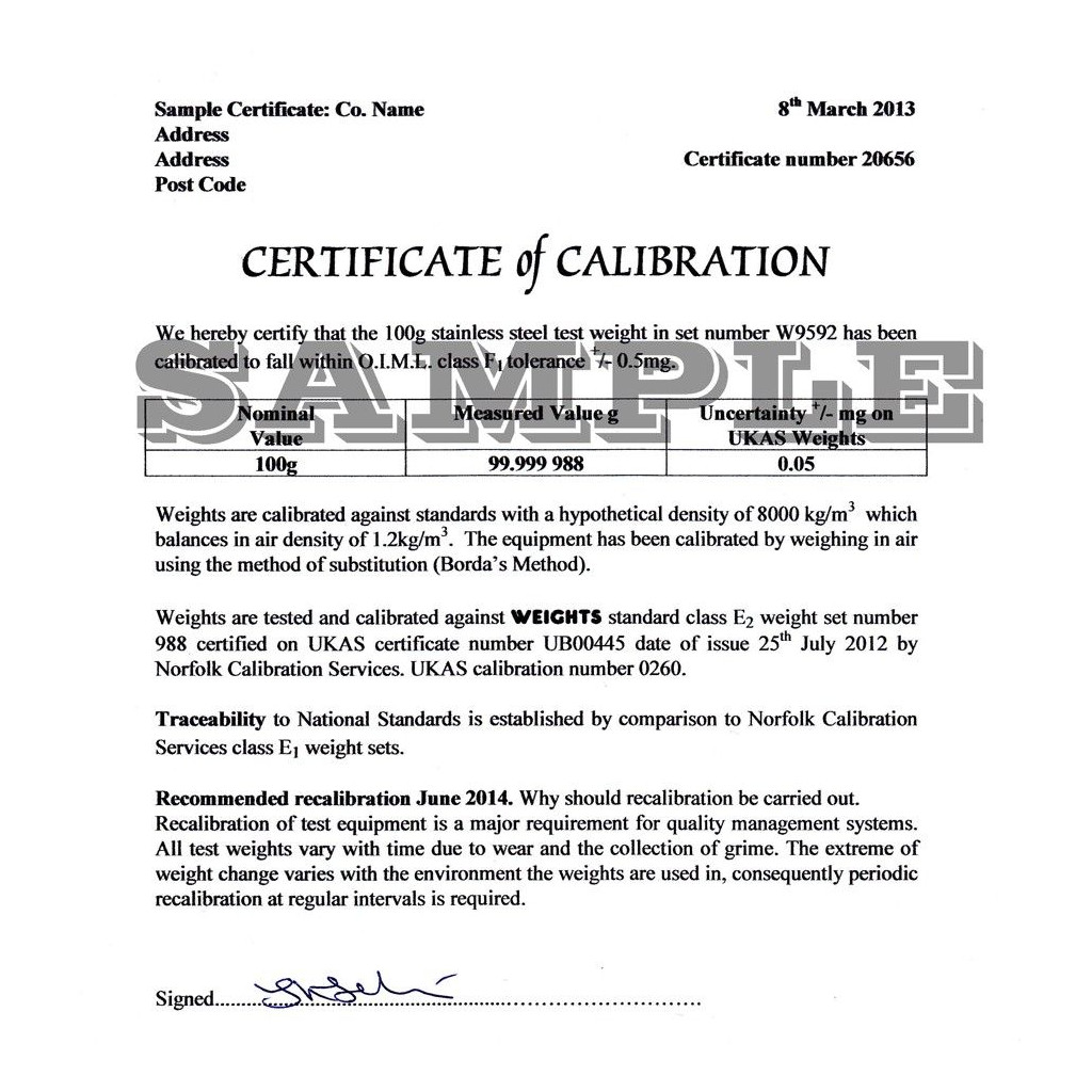Calibration Certificate to O.I.M.L. Class M1 Up to 1kg Weights - 1